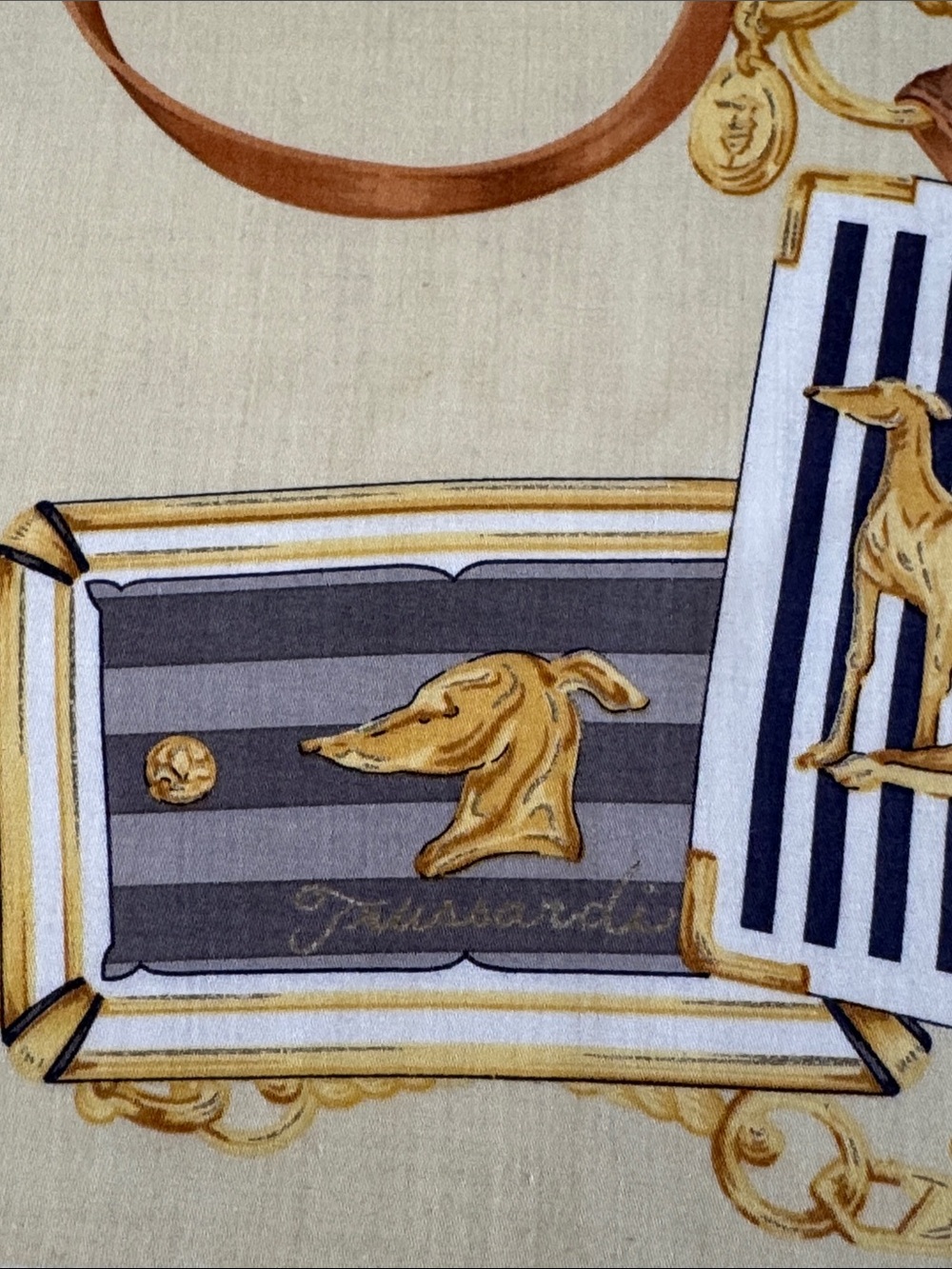 Trussardi Cream, Brown and Gold Chain Print cotton Scarf - Picture 2 of 6